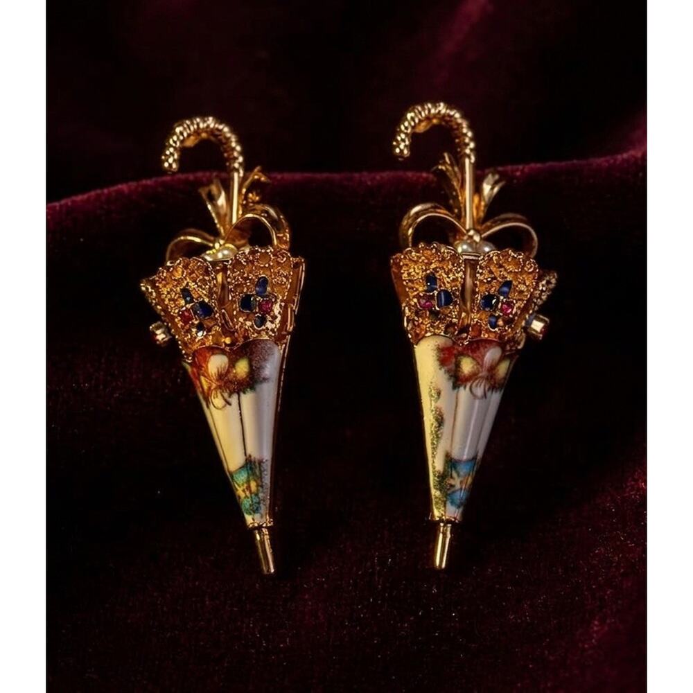 Umbrella Museum Earrings Art Antique VTG CZ Pearl Gold Retro Revival Flower Boho - Picture 4 of 9